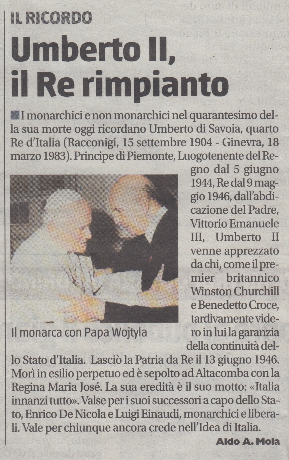 Umberto II, il Re rimpianto di Aldo Mola da "Il Giornale del Piemonte e della Liguria" del 18 marzo 2023